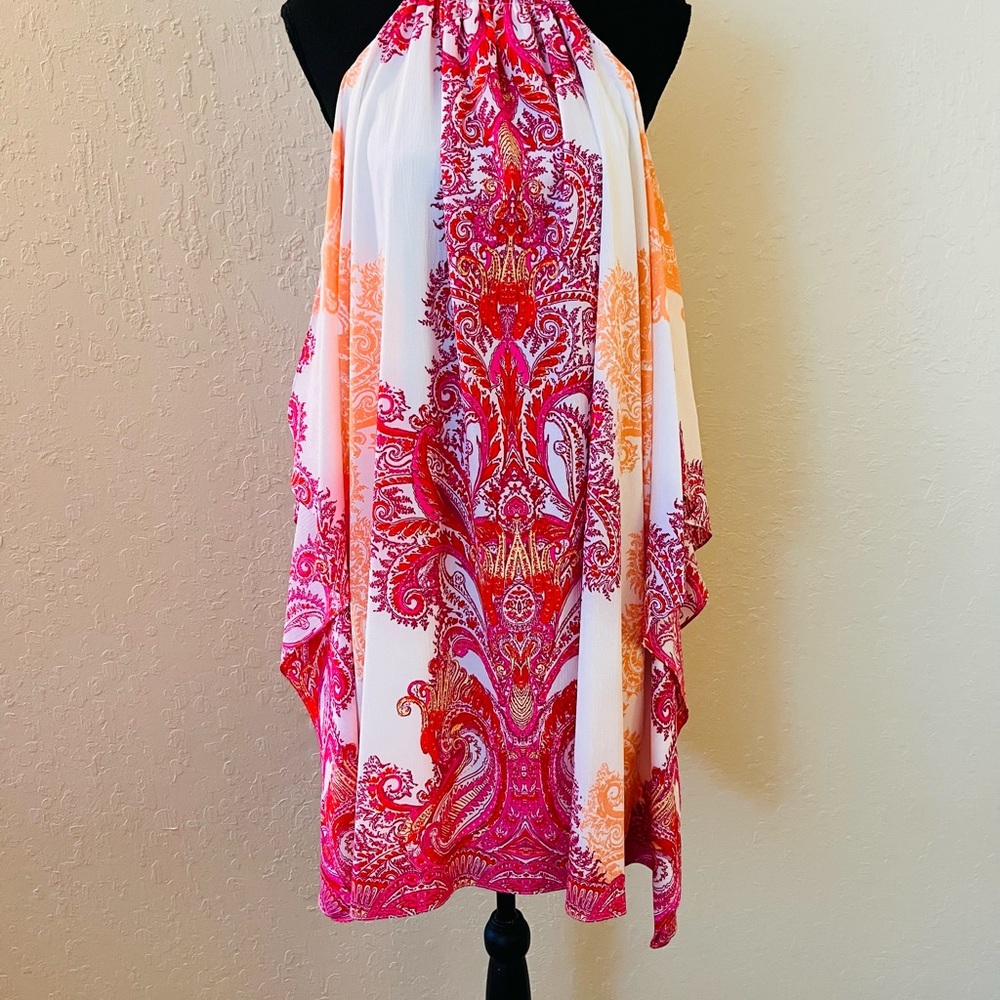 Bisou Bisou White Halter Midi Dress with Pink and Orange Paisley Print